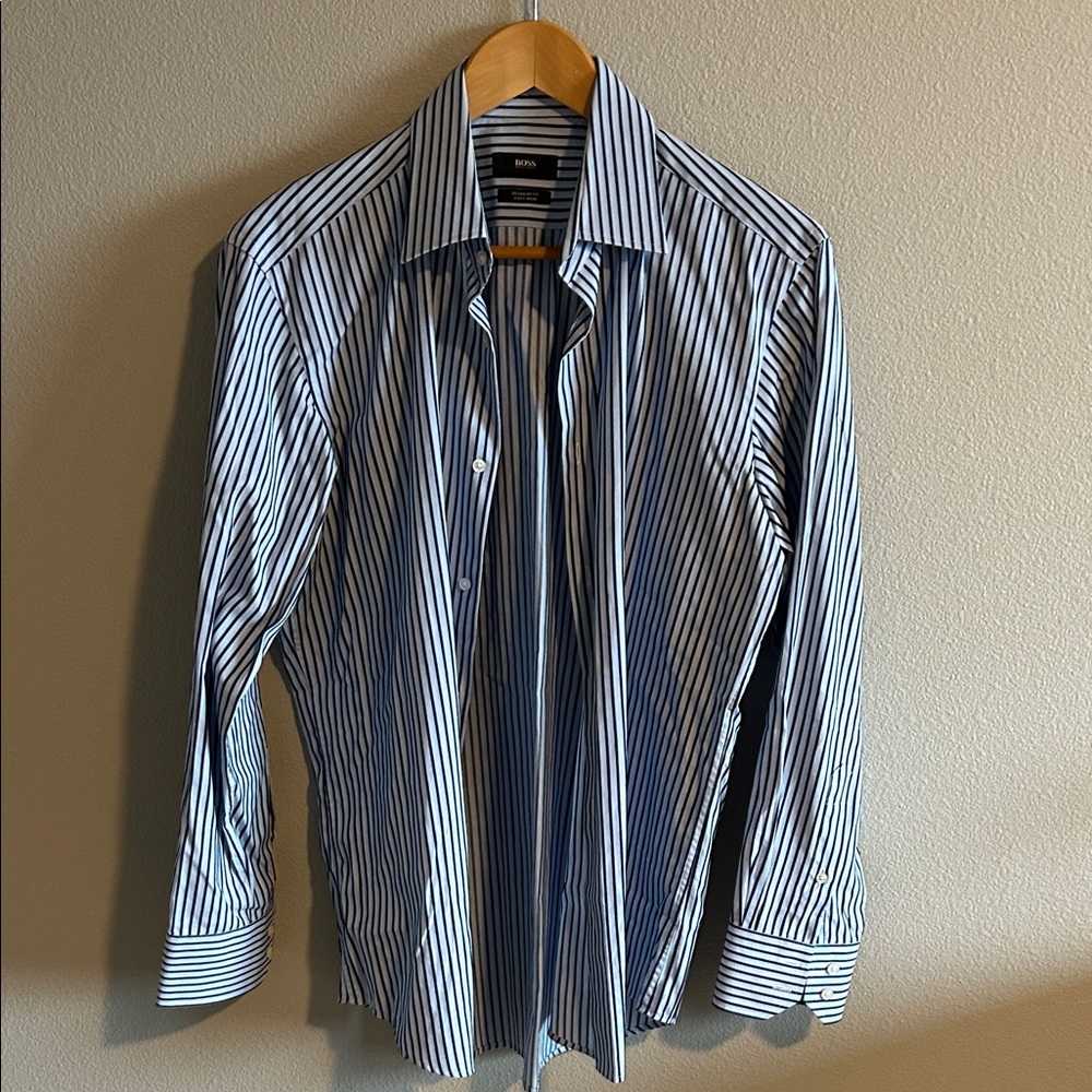 Hugo Boss Men's Classic Blue and White Striped Shirt